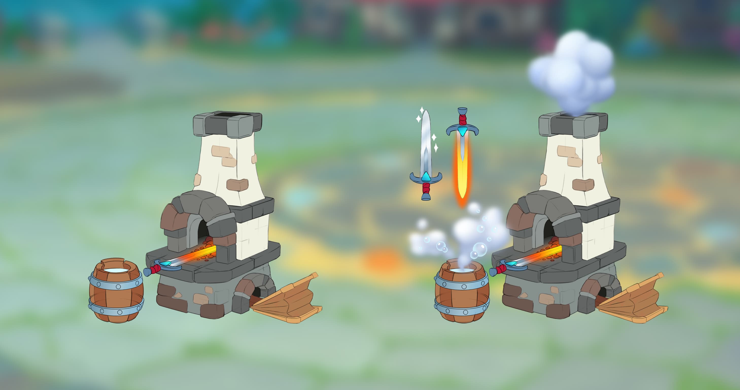 A medieval European blacksmith's forge concept painting.