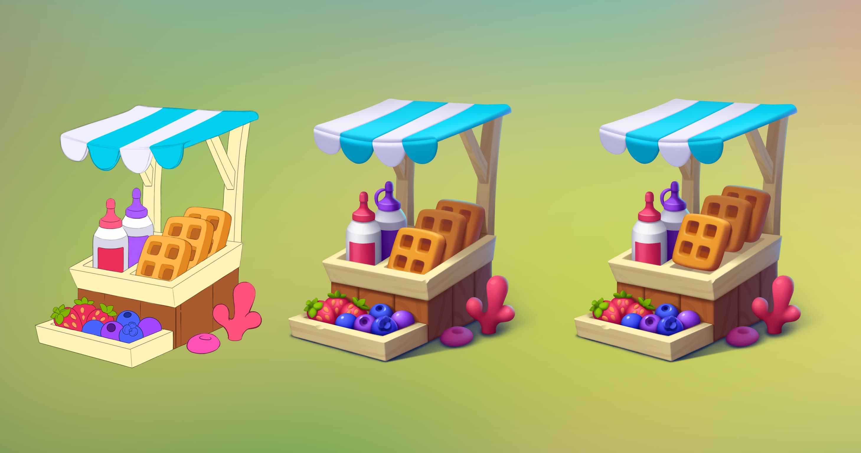 A waffle-shop storefront, concept and final render.