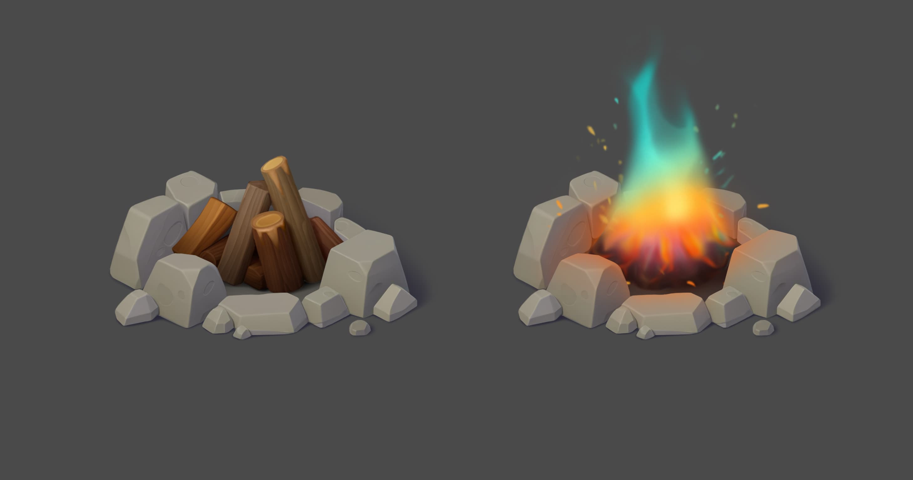 A stone fire pit in two states — unlit with logs and lit with magic flame, final render.