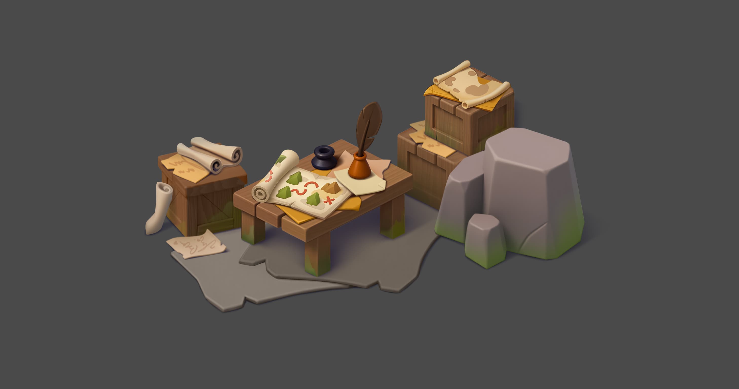 An isometric scene with a wooden table, treasure maps, scrolls, and crates, final render.