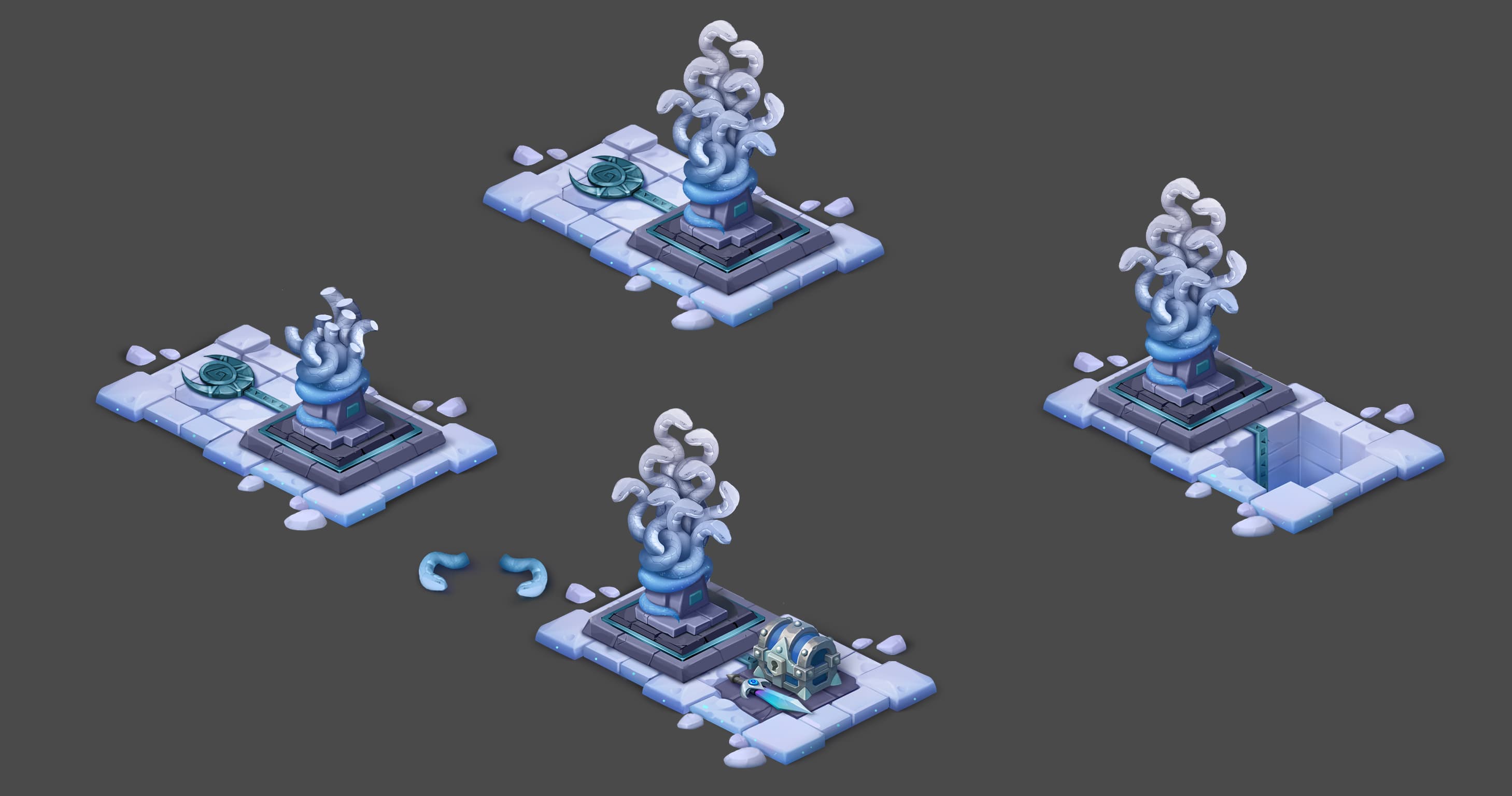 Four ice platforms with serpentine ice totem structures, final render.