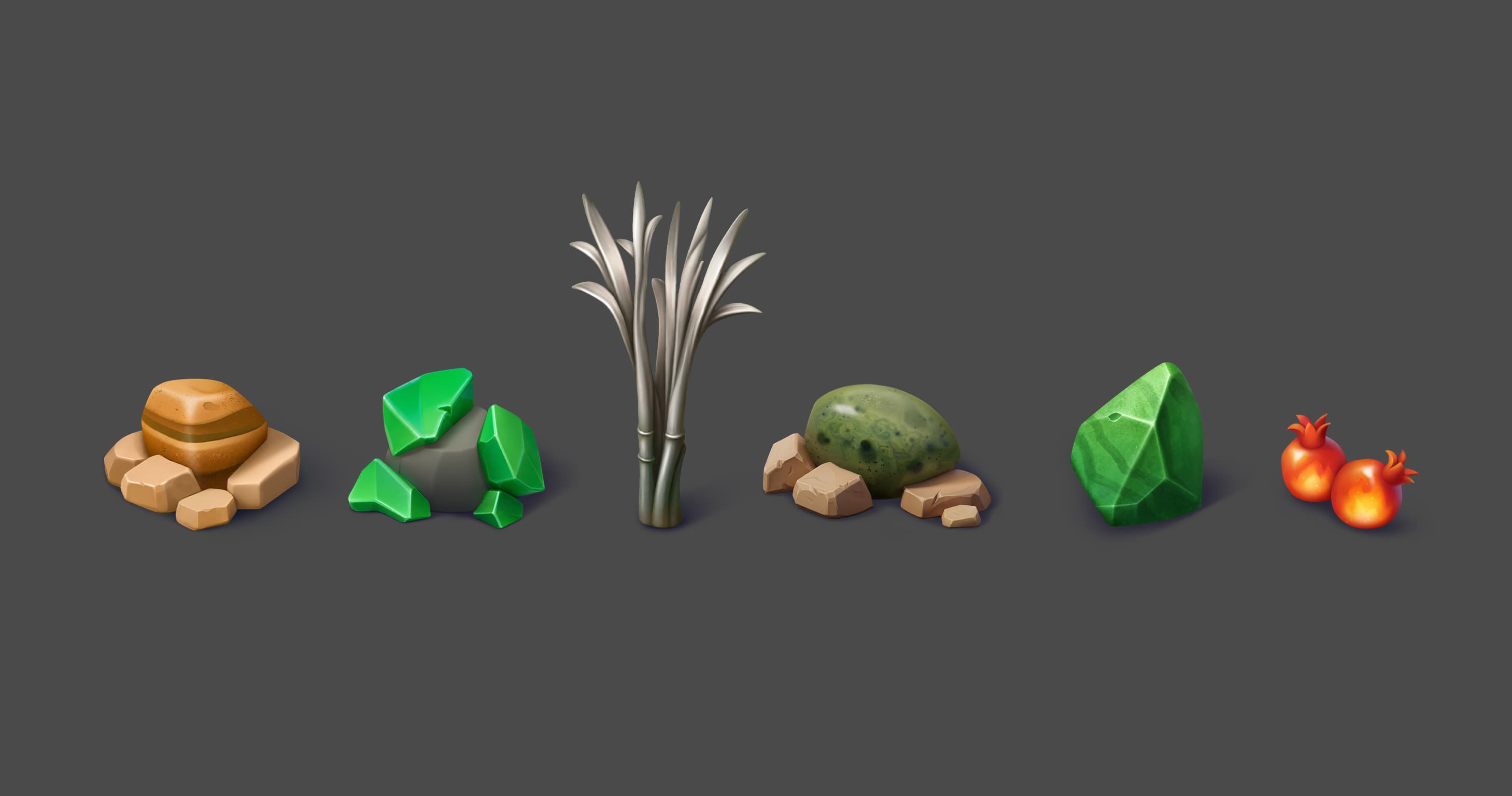 Six resource props — clay pot, green gems, silver reeds, mossy stone, emerald crystal, and fire berries, final render.