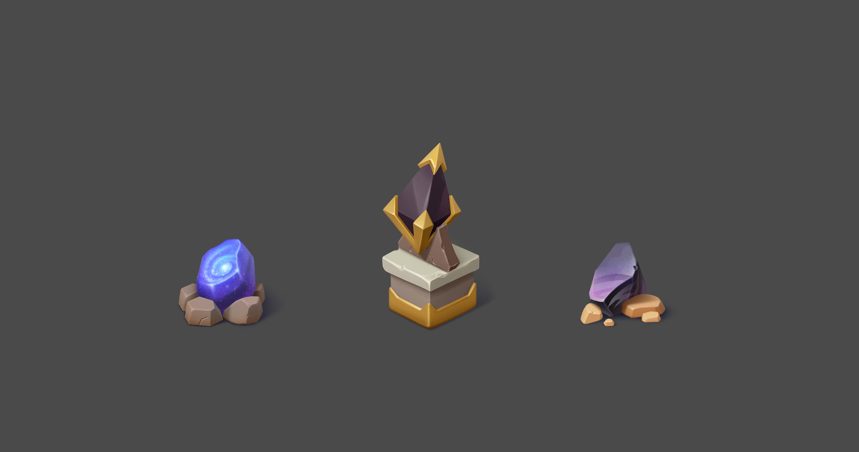 Three crystal props — blue glowing crystal, dark trophy crystal, and amethyst shards, final render.