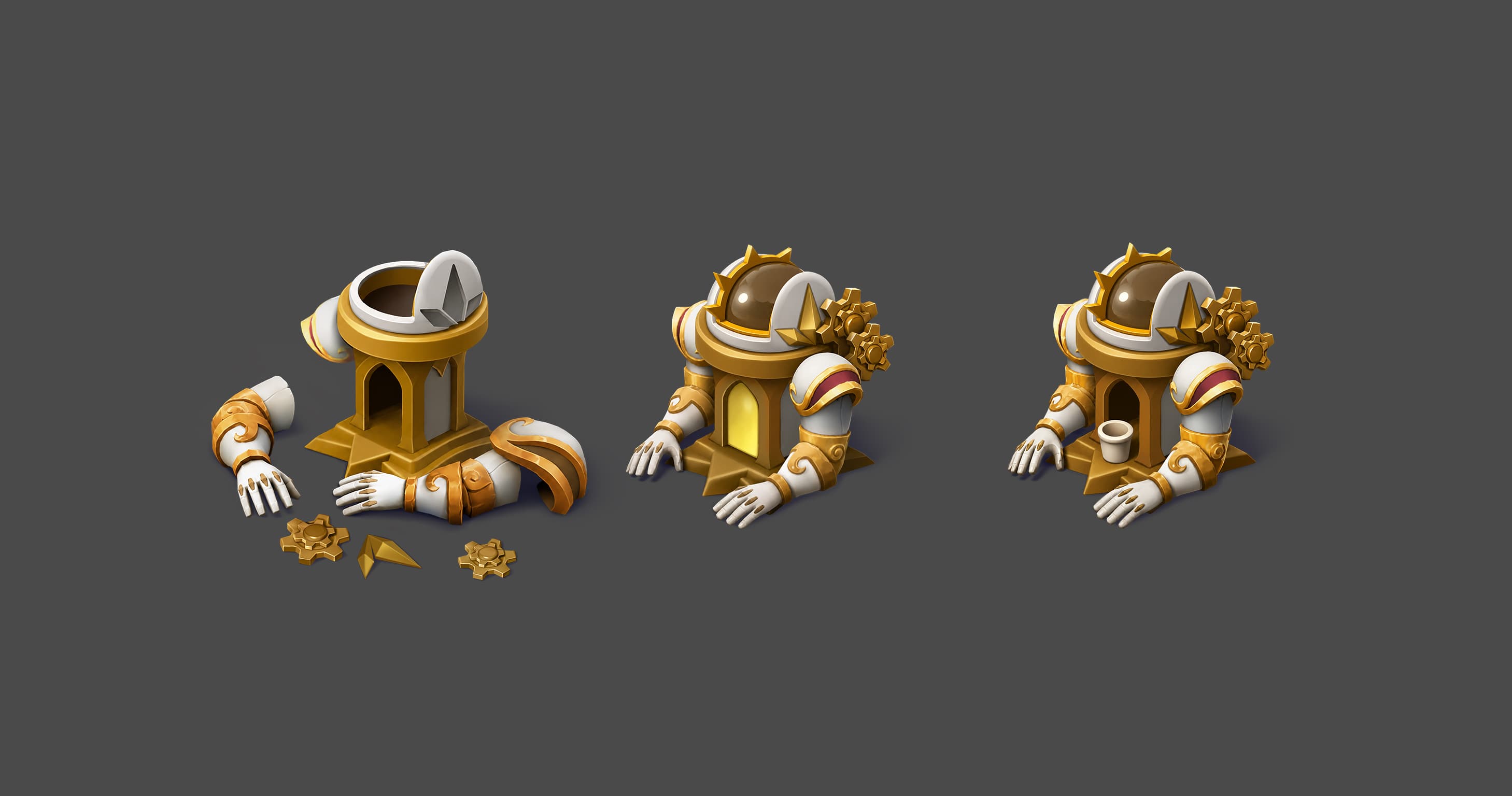 A mechanical shrine building with robot arms in three assembly stages, concept.